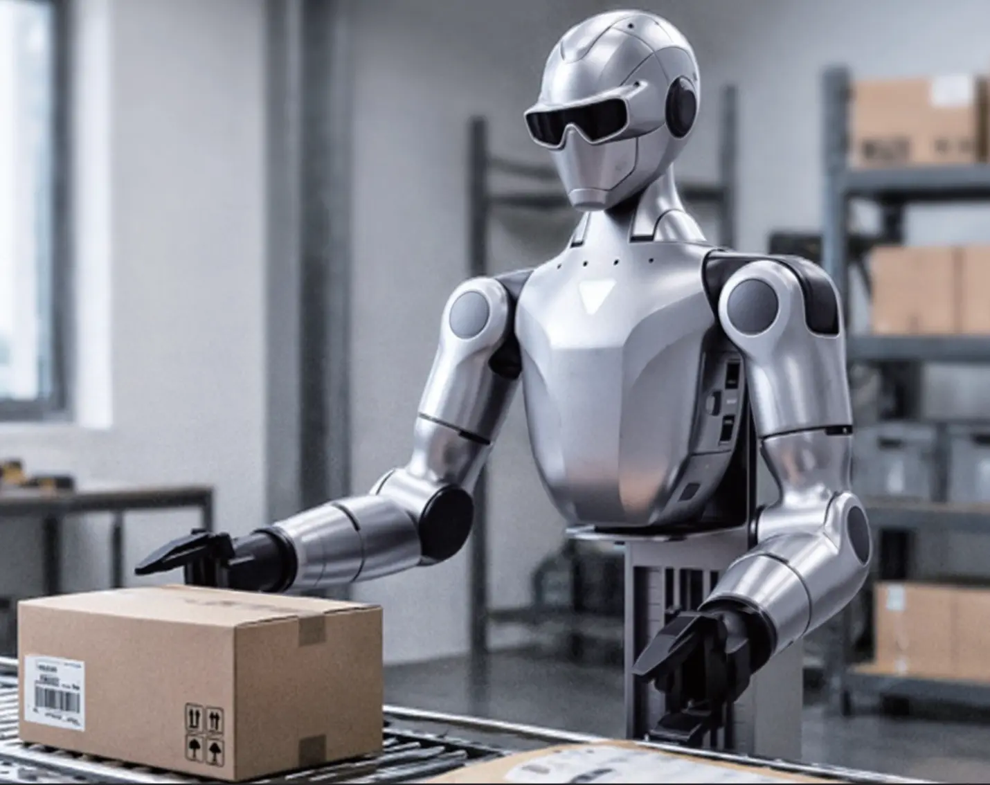 Robot unitreer R1 D sur une chaine logistique traitant des cartons