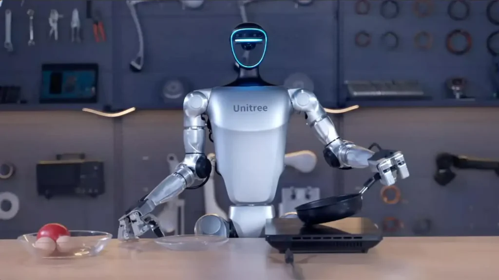 Robot humanoïde Unitree G1 manipulant des objets avec ses mains dextres