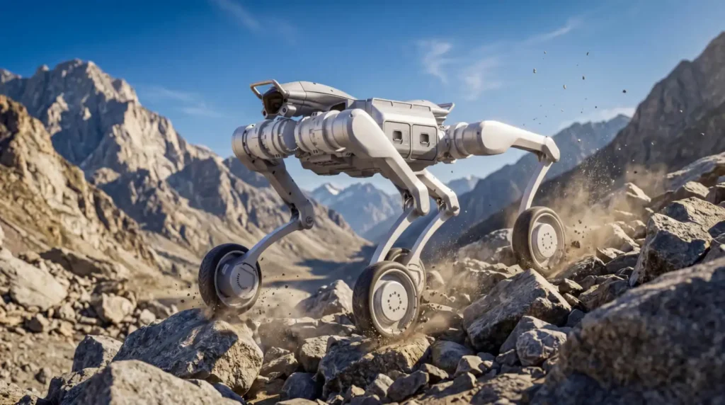 Robot roues-pattes Unitree A2-W sur un terrain de montagne