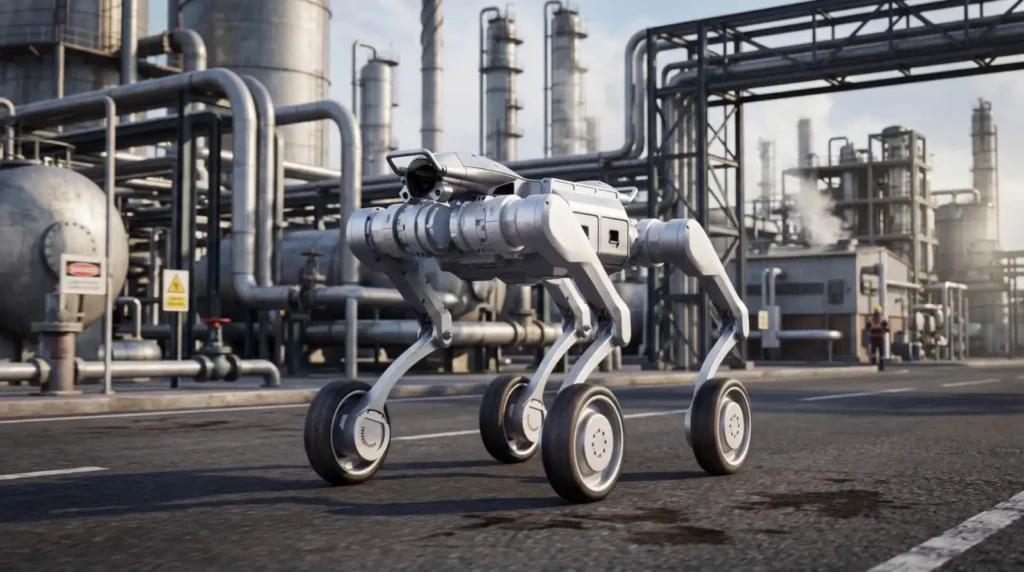 Robot Unitree A2-W sur un site industriel pétrochimique
