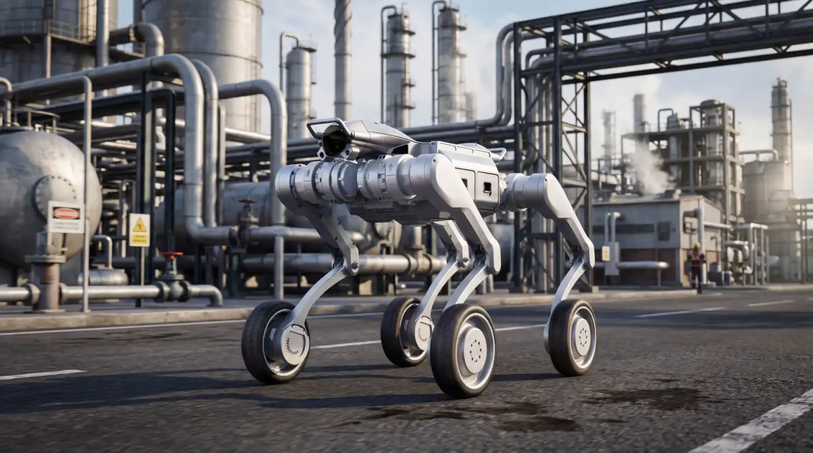Robot quadrupède Unitree en patrouille sur la voirie d'un site industriel