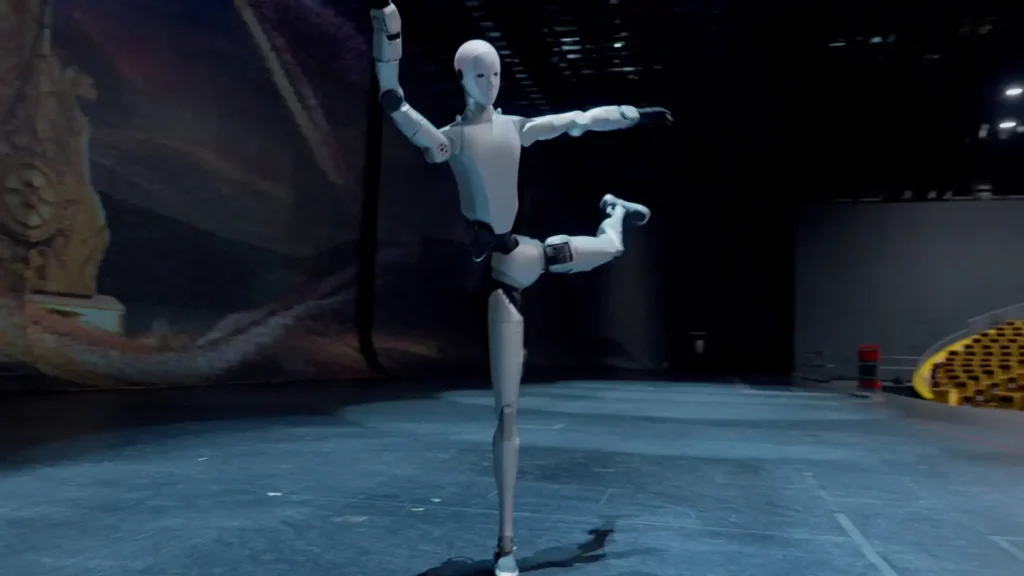 Robot humanoïde Unitree H2 en équilibre sur une jambe