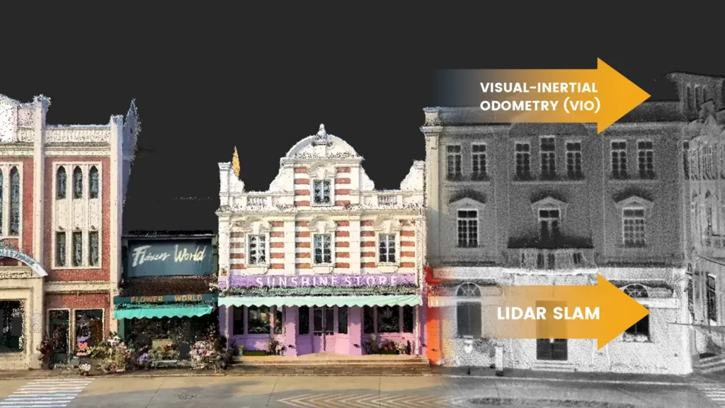 Façades relevées par le FJD Trion S2 combinant SLAM LiDAR et odométrie visuelle-inertielle