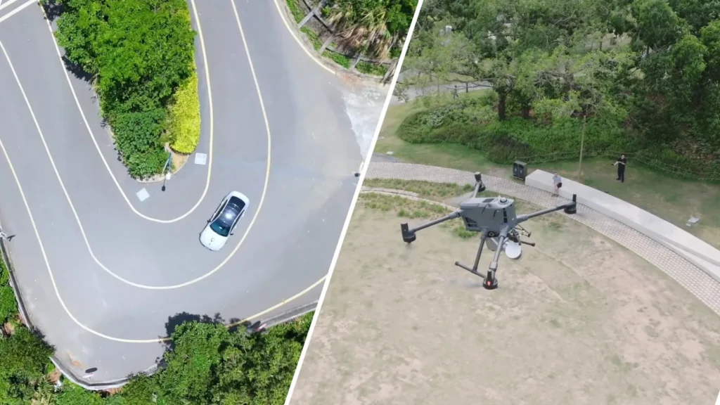 Relevé d'une route sinueuse en couverture air-sol avec le FJD Trion T1 sur véhicule et sur drone