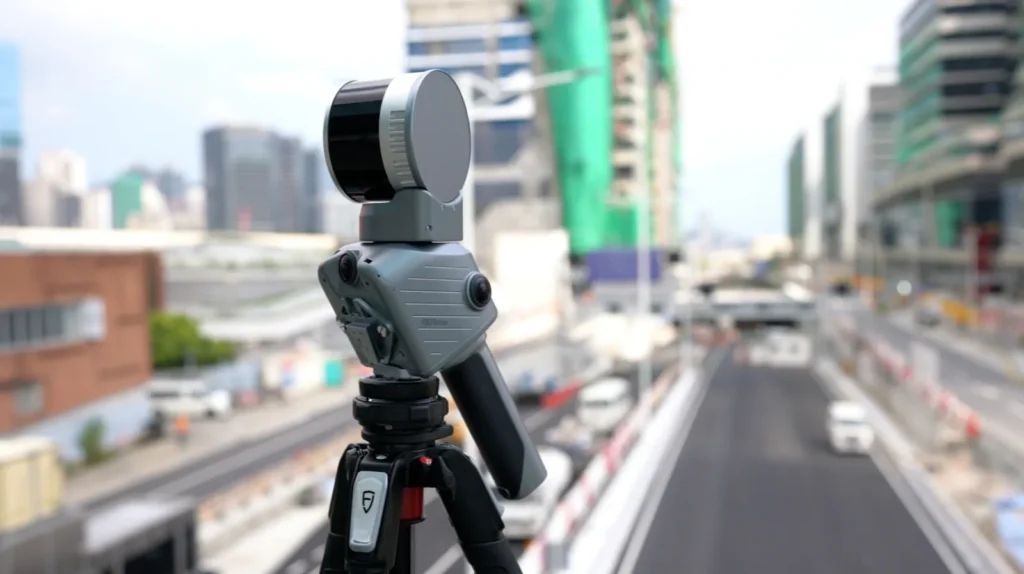 Scanner FJD Trion T1 sur trépied au-dessus d'une voirie urbaine