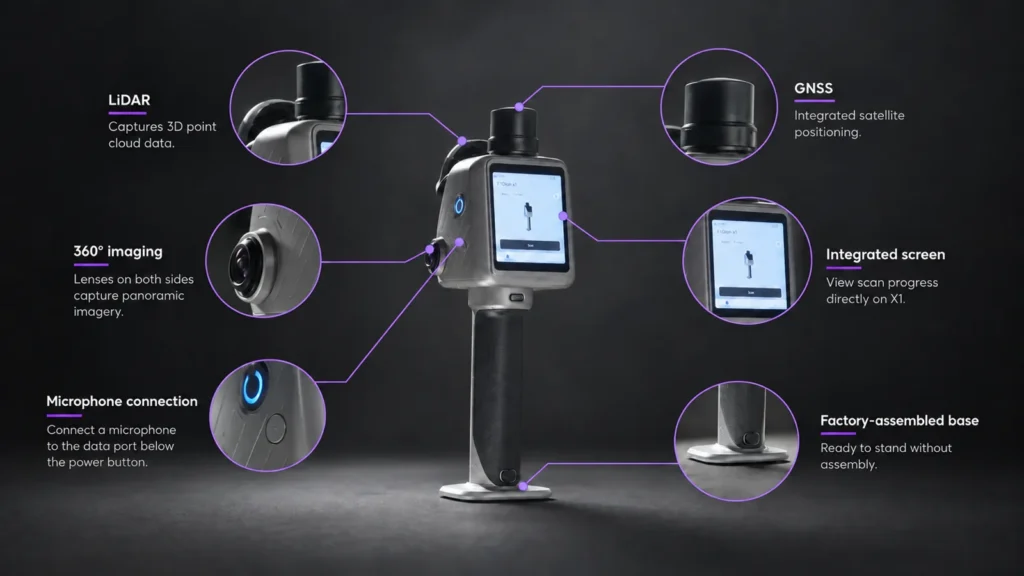 Composants du FJD Trion X1 : LiDAR, GNSS, imagerie 360°, écran intégré, micro et socle